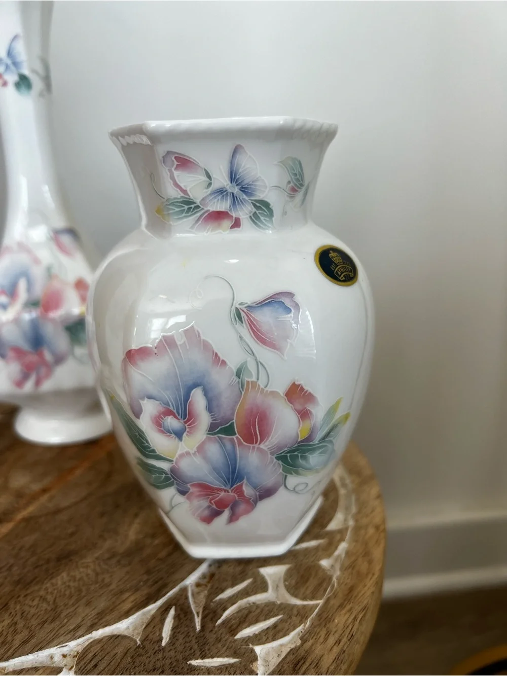 Lot of 3 Aynsley Floral Porcelain Accent Vase - White with Pink & Blue Flowers